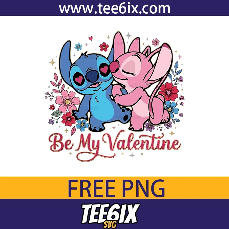 Celebrate love with this cute Stitch and Angel Valentine's Day PNG design, featuring cartoon characters surrounded by flowers and hearts.