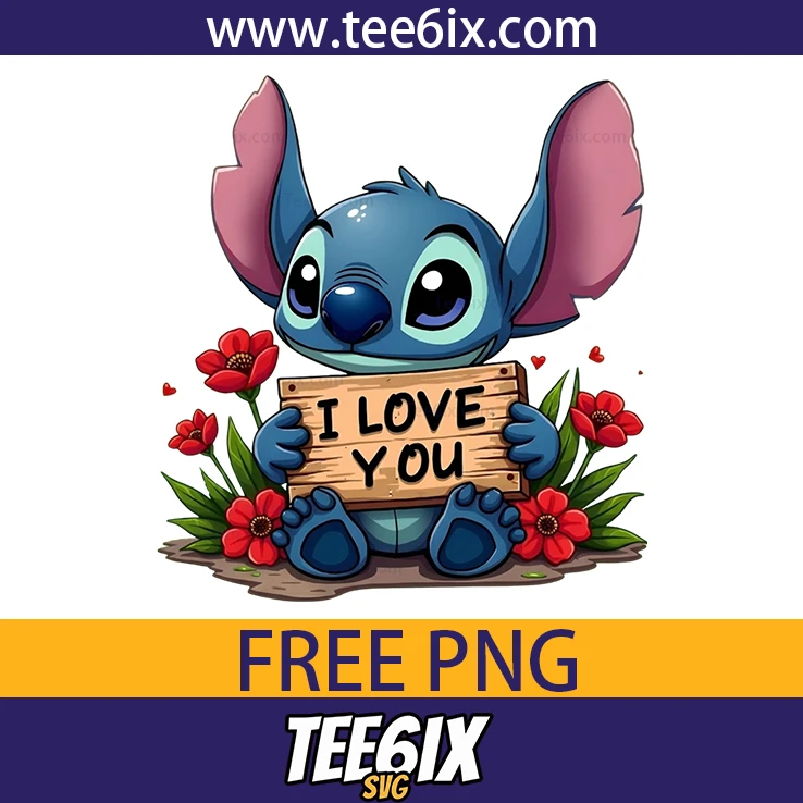 <p>  Meet the adorable Stitch holding a sweet wooden sign surrounded by red flowers!  </p>
