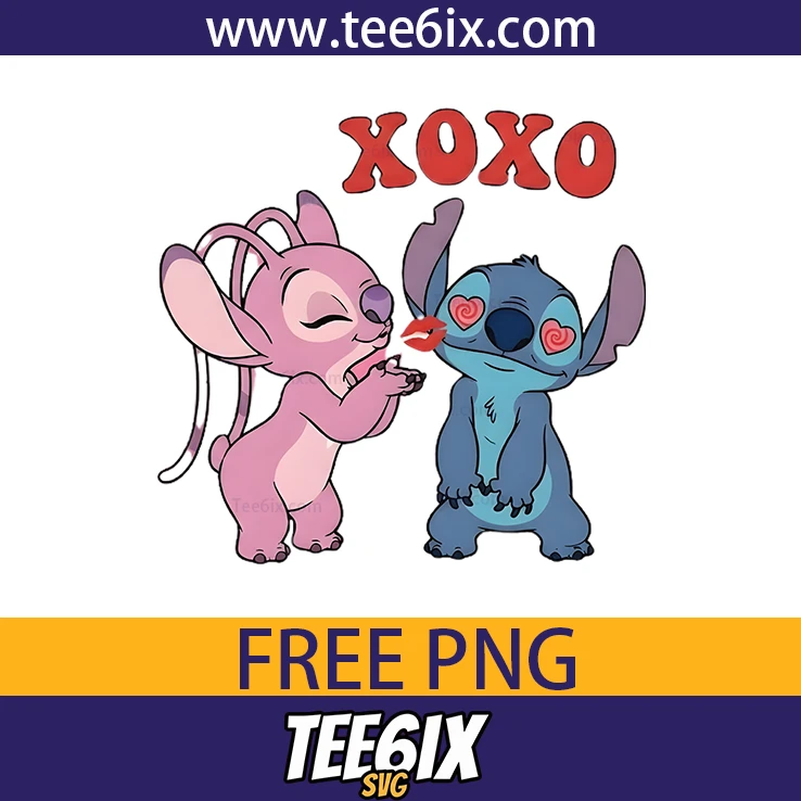 <p>  Meet the adorable duo: Stitch and angel spreading love in a cute cartoon kiss!  </p>