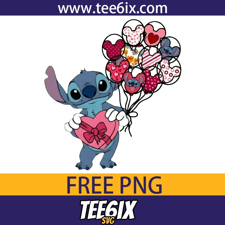 <p>  Meet the adorable Stitch holding a heart‑shaped box and balloons!  </p>